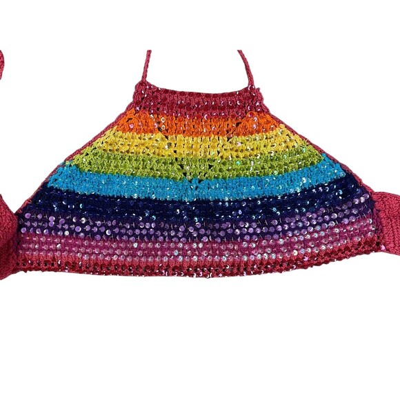 Crochet Halter Top  Girls OSFM  Rainbow Sequin Front  #Boho #Festival #Hippie - Picture 3 of 10